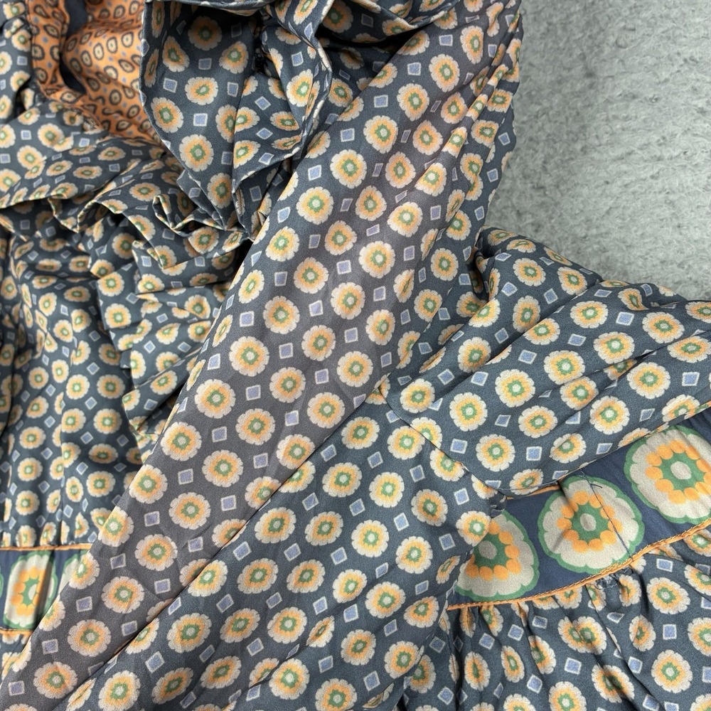 Gretchen Scott Tiered Maxi Dress Ruffle Collar Blue Orange Print Women's Large - Picture 14 of 16